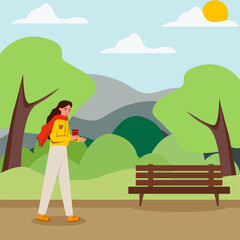 Girl walking in the park with a reusable coffee mug, walking in the park alone