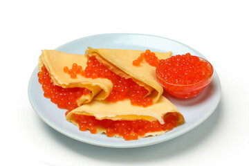 Naklejka na ściany i meble Plate of crepes with caviar isolated on white background