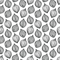 Vector seamless pattern with onion bulbs and half cut onion. Outline drawing. 