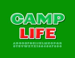 Vector adventure sign Camp Life. Green modern Font. Bright Alphabet Letters and Numbers set