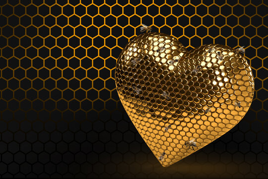 A love heart hive with bee on honey comb for Valentine's Day on magic hhiny hexagonal gold background.
