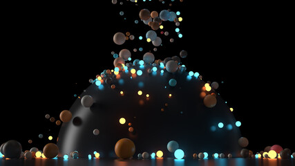 Glossy and illuminating spheres are falling down to big reflective sphere and floor. 3d render background.