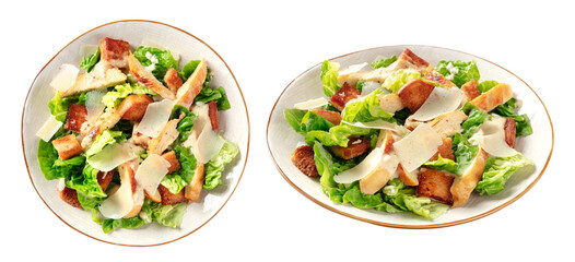 Chicken Caesar salad, overhead shot and angle, isolated on a white background