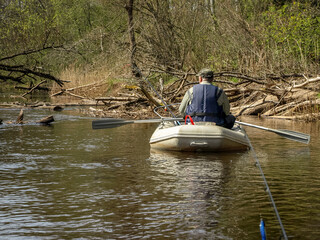 wild river, boat fisherman, spring landscape