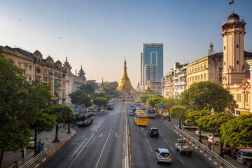 A 2020 Image of Downtown Yangon with Golden Sule Pagoda, Myanmar