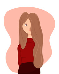 Flat portrait of a beautiful cute girl. Woman with long light brown hair in a red warm sweater and dark skirt. The young girl looks wide ahead. Sincere big eyes. Vector bright illustration of human.