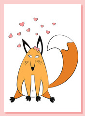 Creative cute gift card for Valentine's Day. A funny fat fox in love with pink hearts. Girl fox with a fluffy tail. Cozy children's drawing of an animal. Be my boyfriend. Gentle white-pink valentine.