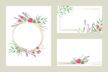 Green leaves, roses and lavender -- set of templates for invitations. Vector illustration, frame, backgrounds with design element in watercolor style.