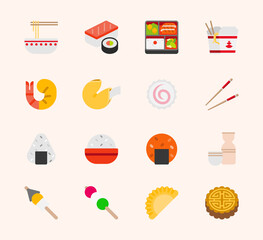 Asian foods vector illustration icons set. Japanese, Chinese foods, Sushi, Sashimi, Noodle, Bento Box, Rice Meals, Shrimp, Fish Cake, Rice Ball, Sake, Chopsticks colorful isolated symbols collection
