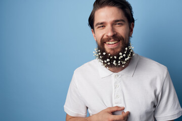 cute man flowers in beard t-shirt emotions blue background