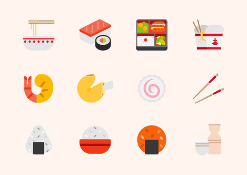 Asian foods vector illustration icons set. Japanese, Chinese foods, Sushi, Sashimi, Noodle, Bento Box, Rice Meals, Shrimp, Fish Cake, Rice Ball, Sake, Chopsticks colorful isolated symbols collection