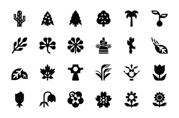 Plants and trees vector illustration icons set. Nature, natural, fresh trees, flowers, plants colorful isolated symbols collection