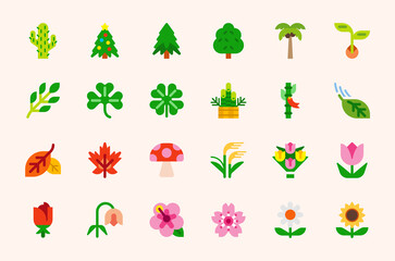 Plants and trees vector illustration icons set. Nature, natural, fresh trees, flowers, plants colorful isolated symbols collection