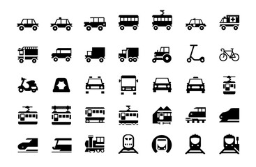 All type of Land Vehicles Vector Illustrations Icons Set. Transportation, Logistics, Delivery, Shipping, Railway, Ambulance, Emergency car symbols flat style vector illustration symbols collection