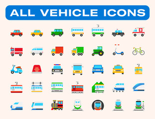All type of Land Vehicles Vector Illustrations Icons Set. Transportation, Logistics, Delivery, Shipping, Railway, Ambulance, Emergency car symbols flat style vector illustration symbols collection
