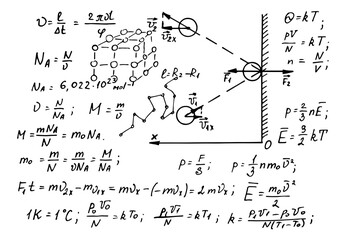 Molecular Physical equations and formulas on whiteboard. Vector hand-drawn illustration. Scientific and educational background.