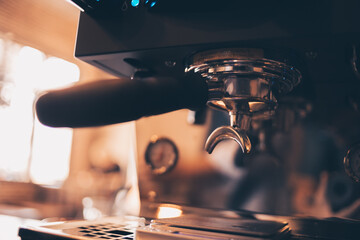 Barista cafe making coffee with coffee machine. Coffee preparation service concept.