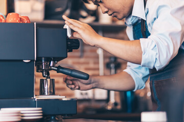 Barista cafe making coffee with coffee machine. Coffee preparation service concept.
