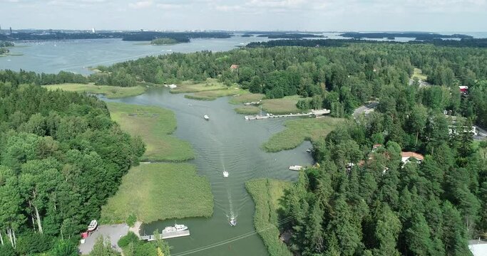 Aerial view of a boats and islands in Finland. Waters of Finnish Archipelago in Summer.