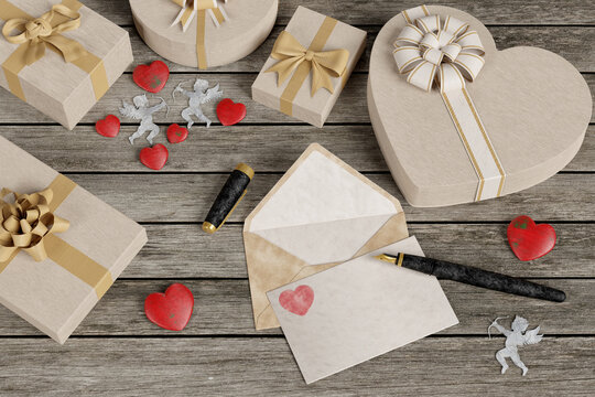 Illustrazione 3D. Biglietto di auguri in occasione di San Valentino. Scrivere con la penna il proprio amore alla propria amata. I cuori ed il cono simboli d'amore.