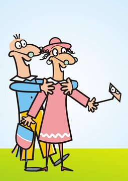 lady and man, senior couple,humorous vector illustration, Valentine card