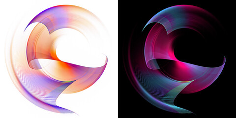 Rounded wavy colorful planes are arranged in layers, rotate and form a frame on white and black backgrounds. Graphic design elements set. 3d rendering. 3d illustration. Sign, icon, symbol, logo.