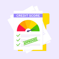 Approved credit score gauge speedometer indicator with color levels on paper sheets and file. Measurement from poor to excellent rating for credit or mortgage loans flat style vector illustration.
