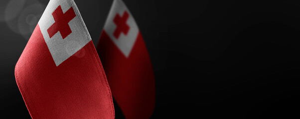 Small national flags of the Tonga on a dark background