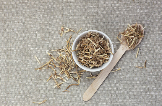 Couch-grass herbal roots in a bowl flat from above on linen textile, overhead top view of wheat-grass, closeup, copy space, natural medicine and vegan protein source ingredient concept