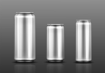Aluminium can for soda or beer isolated on gray background. Vector realistic mockup of metal tin cans for drink different shapes. 3d template of blank silver package for cold beverage