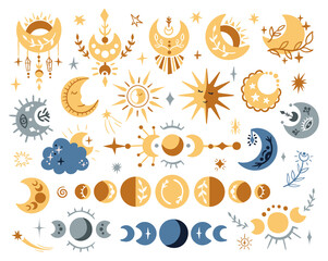 Celestial lunar boho clipart set, isolated Moon phases, sun and stars on white background, kids mystical space baby illustration, decorative vector design elements