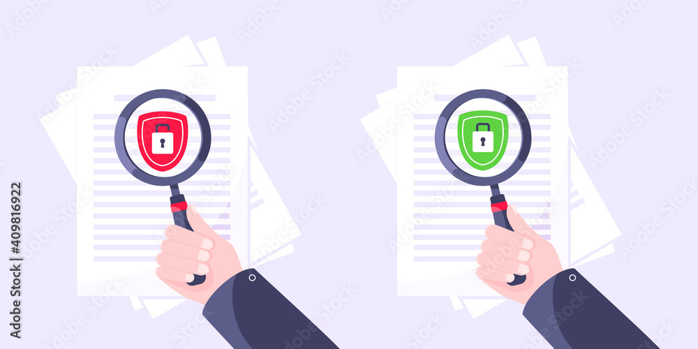 Wall mural privacy policy, safety lock and data protection metaphor set. hand hold magnifier shield with padloc