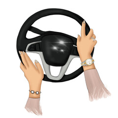 Hands Steering Wheel Isolated On A White Background Hand Drawn Illustration	