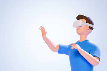 Cartoon character man in blue tshirt use virtual reality goggles over white background.