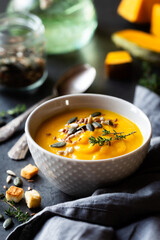 Pumpkin cream soup in a bowl garnished with mixed seeds and fresh thyme against dark rustic background