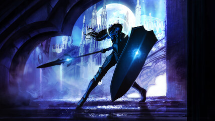 A black silhouette of a warrior girl with a long magic spear and a huge shield, against the background of a huge Gothic palace in the light of a magical moon. 2d illustration