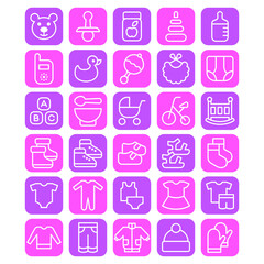 Set of baby icons - clothes, toys, food. Vector illustration