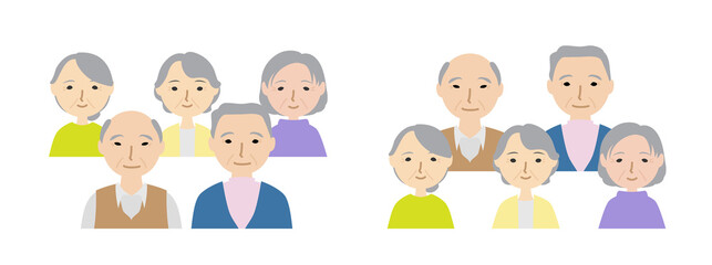 二列に並んでいる高齢者たち
