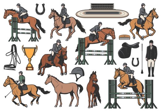 Equestrian sport vector icons, horse riding and race equipment jockeys and hippodrome. Professional horseback ride sports grunge retro emblems with rider, cup and lucky horseshoe vintage signs set