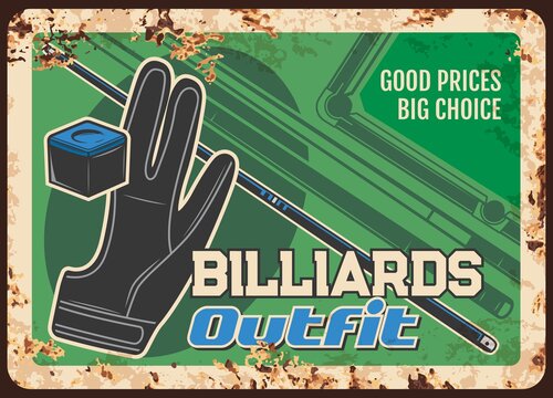 Billiards equipment metal plate rusty, game outfit and pool snooker game items shop, vector retro poster. Russian billiards and snooker pool players sport outfit and gaming equipment store sign rust