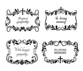 Funeral cards, vector vintage condolence floral wreaths, ornament with flourishes, cross and obituary typography. Retro frames, obsequial memorial, funeral sorrowful borders or necrology templates set