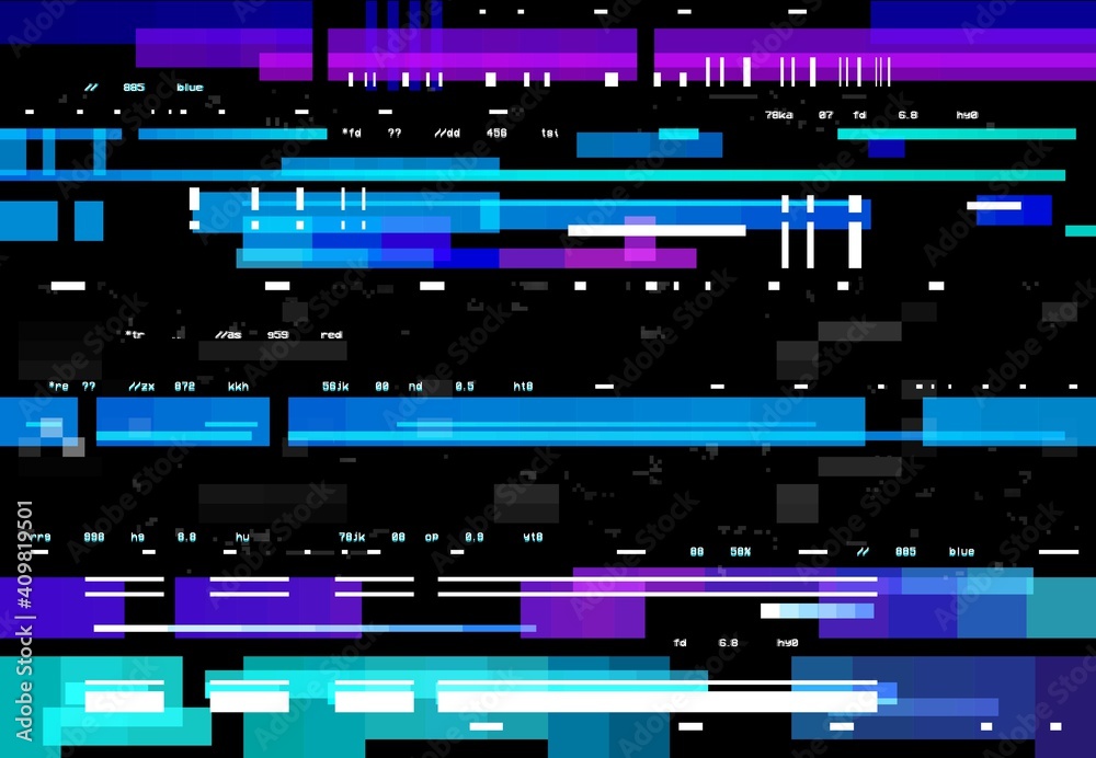 Aufkleber Abstract background with glitch effect, vector glitched distortion colored horizontal stripes, numbers and random pixels on black screen. Television distorted glitch video effect, no signal TV frame