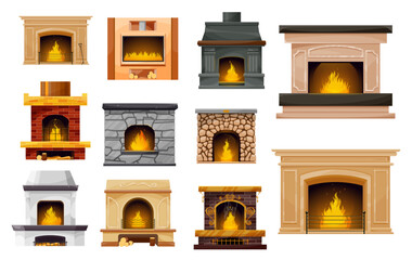 Fireplace with fire isolated vector icons of home and room interior design. Cartoon brick and stone fireplaces with wood burning, electric and gas powered stoves, metal grates, rakes and wood logs
