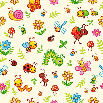 Vector seamless pattern with insects and plants in cartoon style. Childish illustration