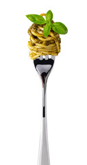 spaghetti on fork on white background