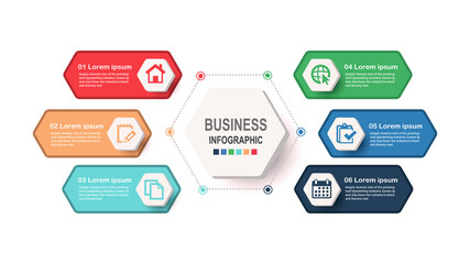 Infographics business template with 6 steps for Presentation, Sale forecast, Web design, improvement, Step by Step