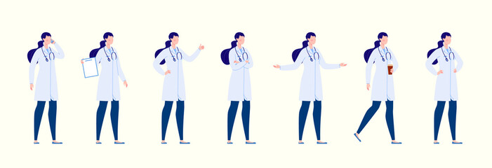 Doctor character creation set with various poses and gestures. Isolated. Female doctor.