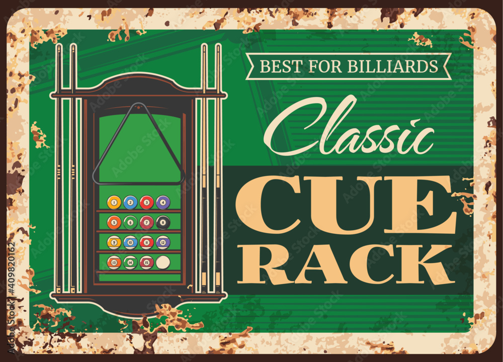 Wall mural Billiards cue rack metal plate rusty, pool snooker game equipment and player items shop, vector retro poster. Billiards or snooker pool classic rack for cues, balls and triangle, metal plate sign - Wall murals