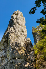 Iglica limestone rock known as Spire or Needle in Bedkowska Valley within Jura Krakowsko-Czestochowska upland near Cracow in Lesser Poland
