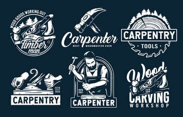 Set of emblems with equipment for wood workshop or joiner craft studio. Carpenter tool for repair, professional carpentry work